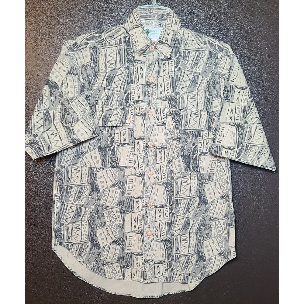 Vintage Mens 80s Organically Grown Short Sl Small Button Up Shirt Print Cotton